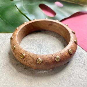 Wood Wooden Brass Stud Chunky Bangle Bracelet